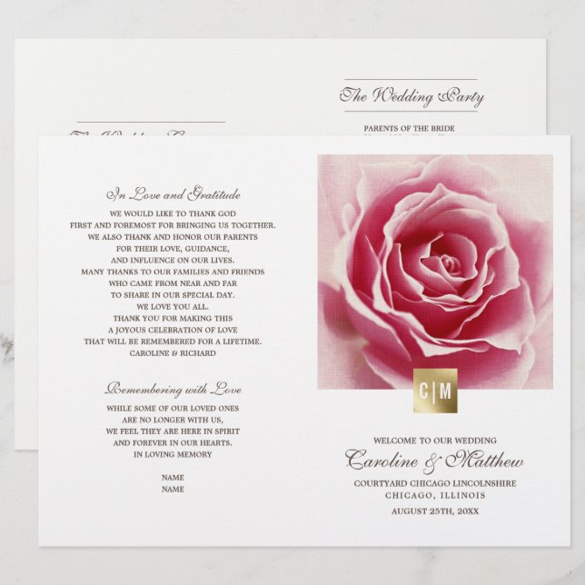Romantic Pink Rose | Gold Foil Wedding Programs (Front/Back)