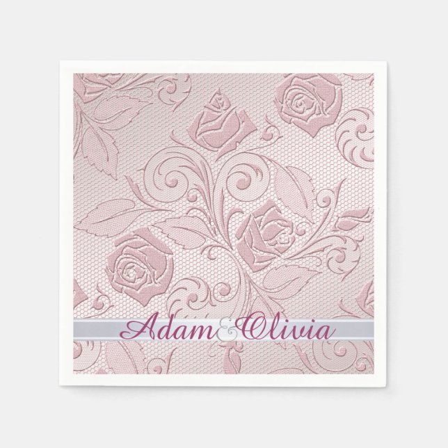 Romantic Pink Rose Lace Wedding Napkin (Front)