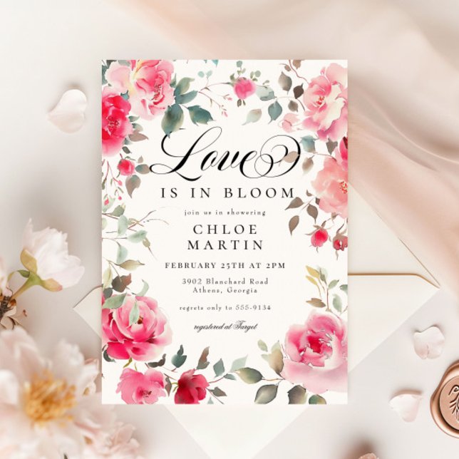 Romantic Pink Rose Love in Bloom Bridal Shower Invitation (Creator Uploaded)