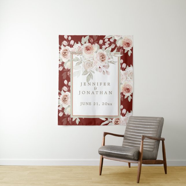 Romantic Pink Rose on Burgundy Wedding Tapestry (In Situ)