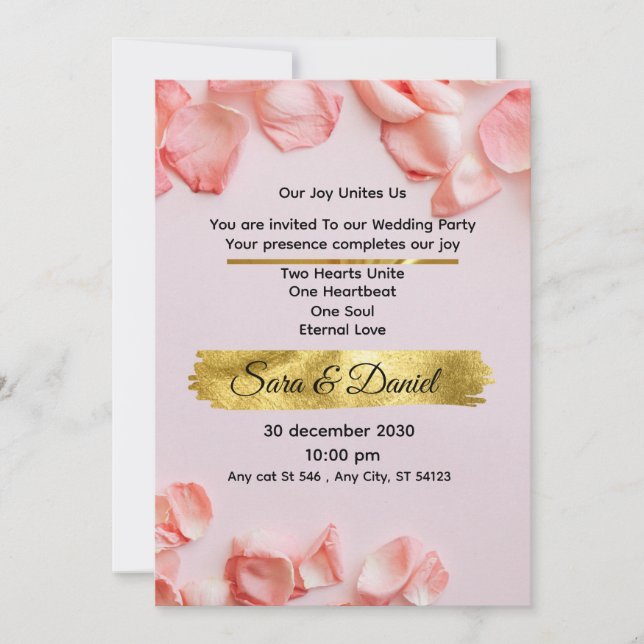 Romantic Pink Rose Petals Wedding Invitation | Ele (Front)