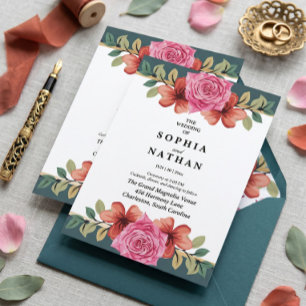 Romantic Pink Rose & Teal Wedding Invitation