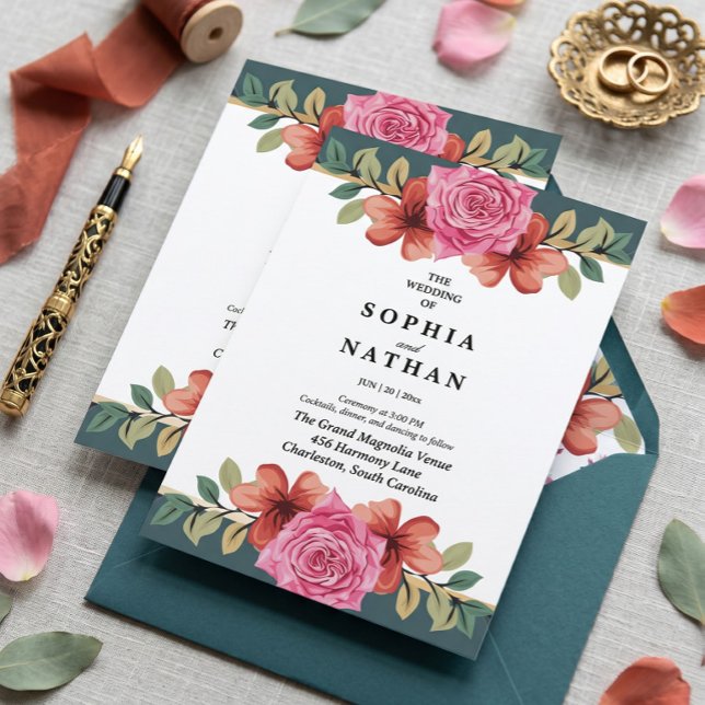 Romantic Pink Rose & Teal Wedding Invitation (Creator Uploaded)
