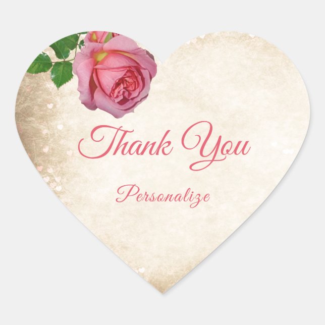 Romantic Pink Rose Thank You Personalize Heart Sticker (Front)