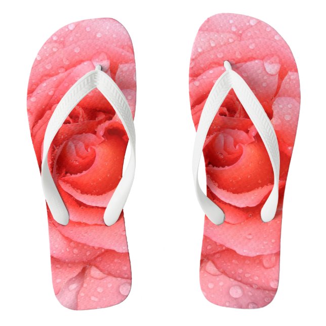 Romantic Pink Rose Water Drops Flip Flops (Footbed)