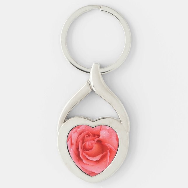 Romantic Pink Rose Water Drops Keychain (Front)