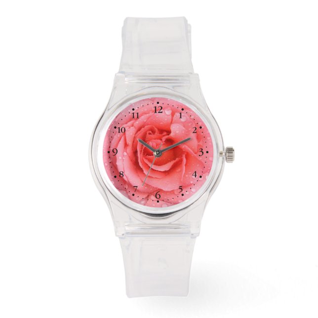 Romantic Pink Rose Water Drops Watch (Front)