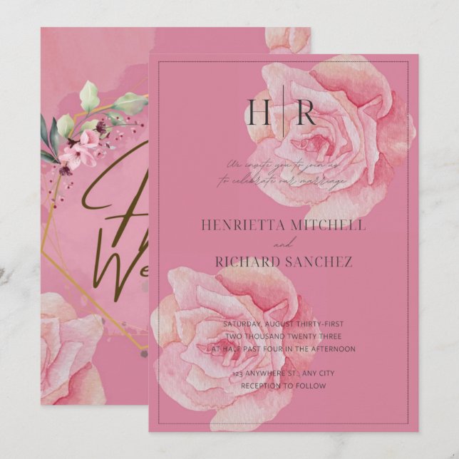 Romantic Pink Rose Wedding Invitation (Front/Back)