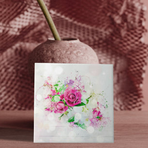 Romantic Pink Rose With Bokeh & Sparkles on White Tile