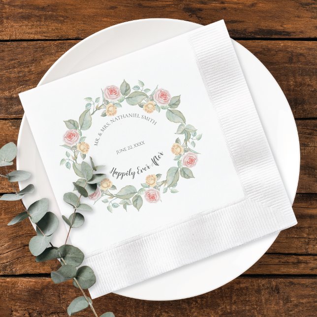 Romantic Pink Rose Wreath Wedding Paper Plates Napkin (Creator Uploaded)