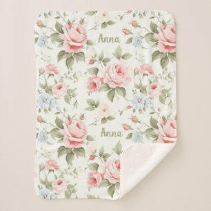 Romantic Pink Roses All over Pattern with Name Sherpa Blanket