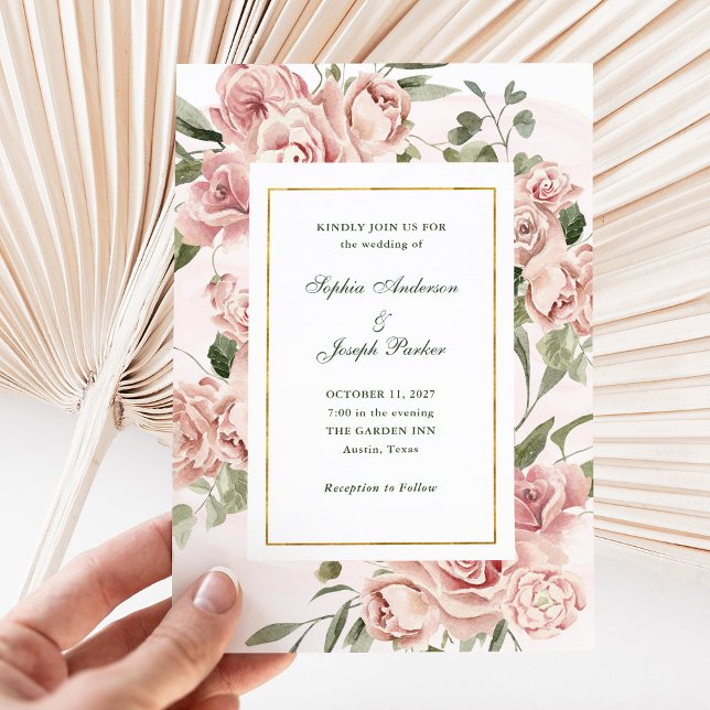 Romantic Pink Roses and Gold | Wedding Invitation (Creator Uploaded)