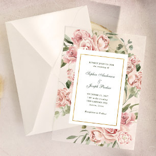 Romantic Pink Roses and Gold Wedding Vellum Invitations