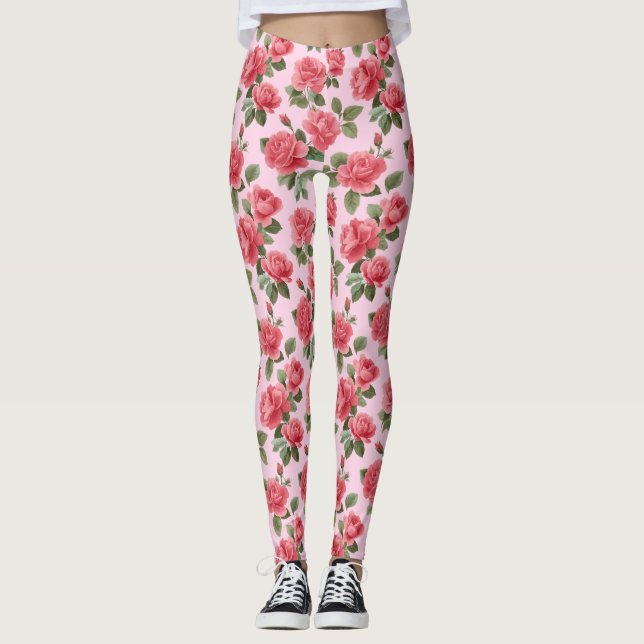 Romantic Pink Roses Botanical Pattern Leggings (Front)