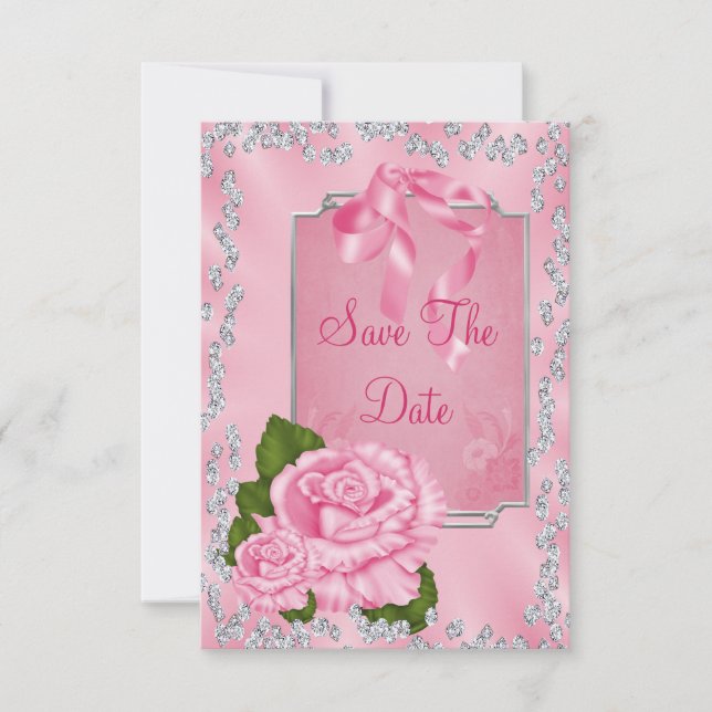 Romantic Pink Roses & Bows 60th Save The Date (Front)