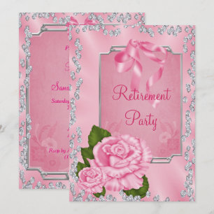 Romantic Pink Roses & Bows retirement Invitation