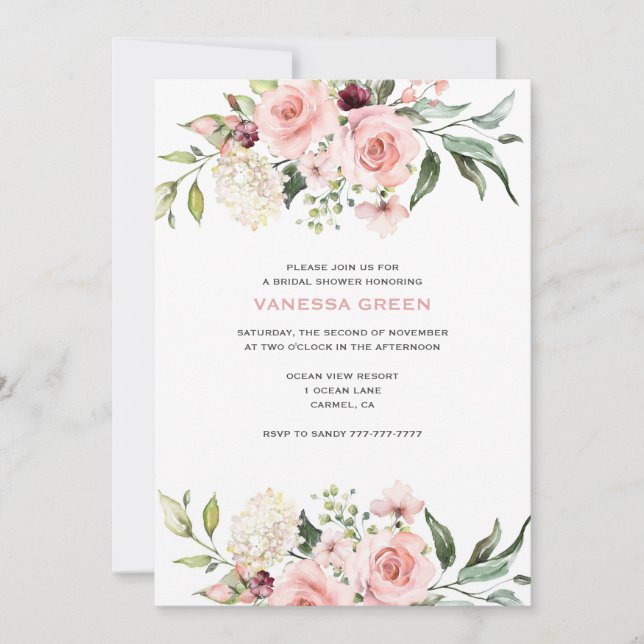 Romantic Pink Roses Bridal Shower  Invitation (Front)