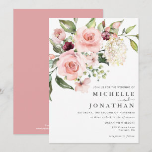 Romantic Pink Roses Dusty Rose Wedding  Invitation