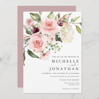 Romantic Pink Roses Dusty Rose Wedding Invitation