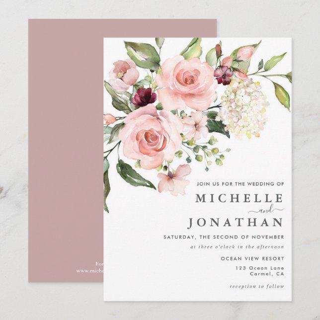 Romantic Pink Roses Dusty Rose Wedding  Invitation (Front/Back)