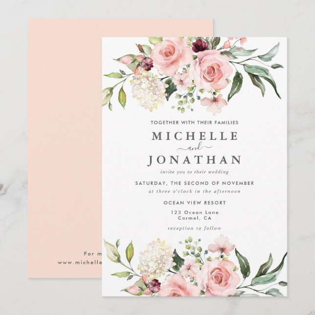 Romantic Pink Roses Dusty Rose Wedding  Invitation (Front/Back)