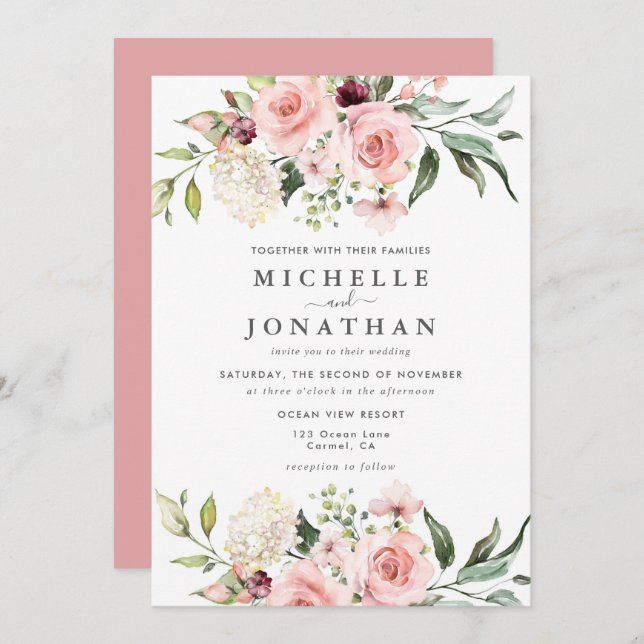 Romantic Pink Roses Dusty Rose Wedding  Invitation (Front/Back)