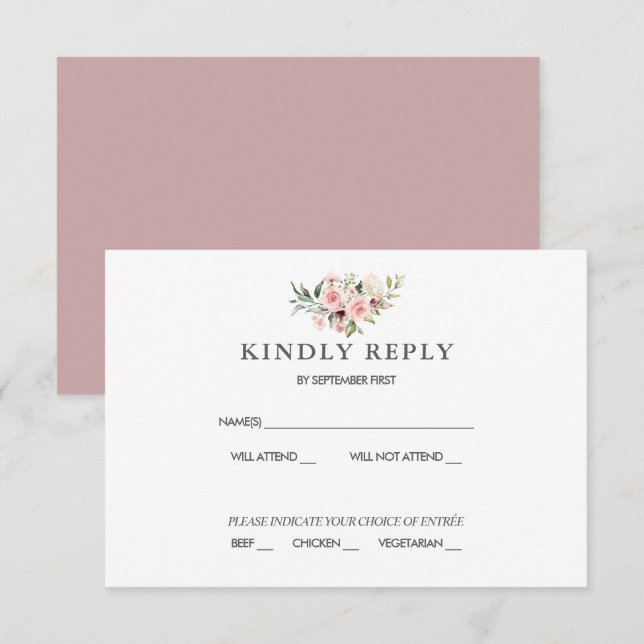 Romantic Pink Roses Dusty Rose Wedding RSVP Invitation (Front/Back)