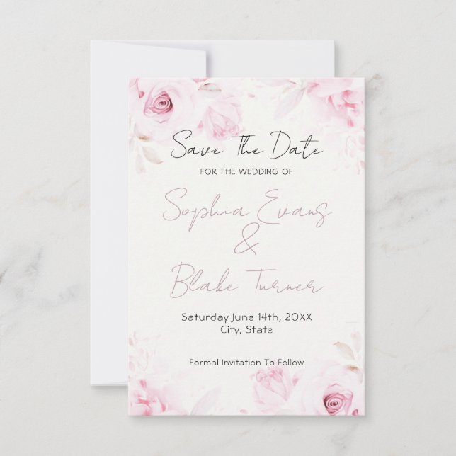 Romantic Pink Roses Elegant and Pretty Save The Date (Front)