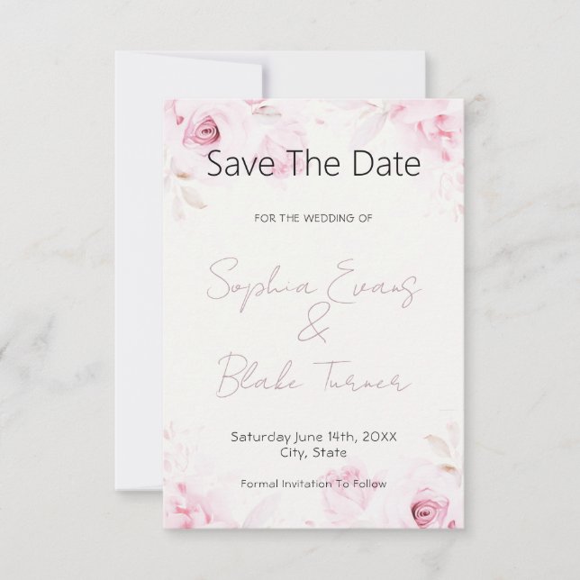 Romantic Pink Roses Elegant and Pretty Save The Date (Front)