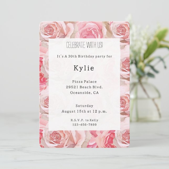 Romantic Pink Roses Floral Birthday   Invitation (Standing Front)