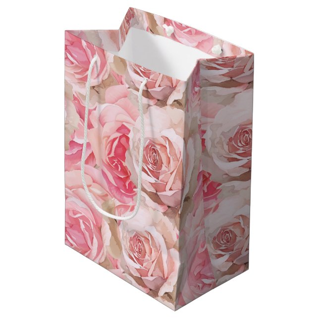 Romantic Pink Roses Floral Bridal Shower Medium Gift Bag (Front Angled)