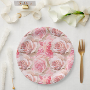 Romantic Pink Roses Floral Bridal Shower Paper Plate