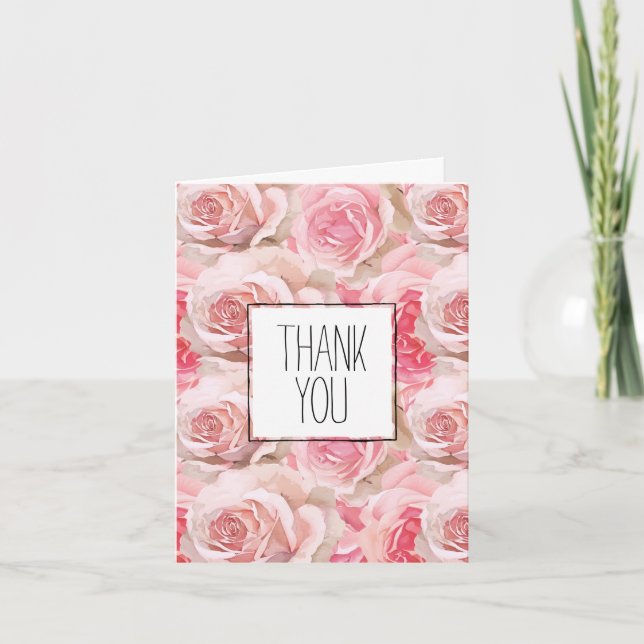 Romantic Pink Roses Floral Thank You Card (Front)