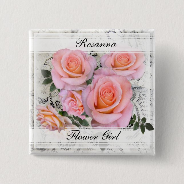 Romantic Pink Roses Flower Girl 2 Inch Square Button (Front)