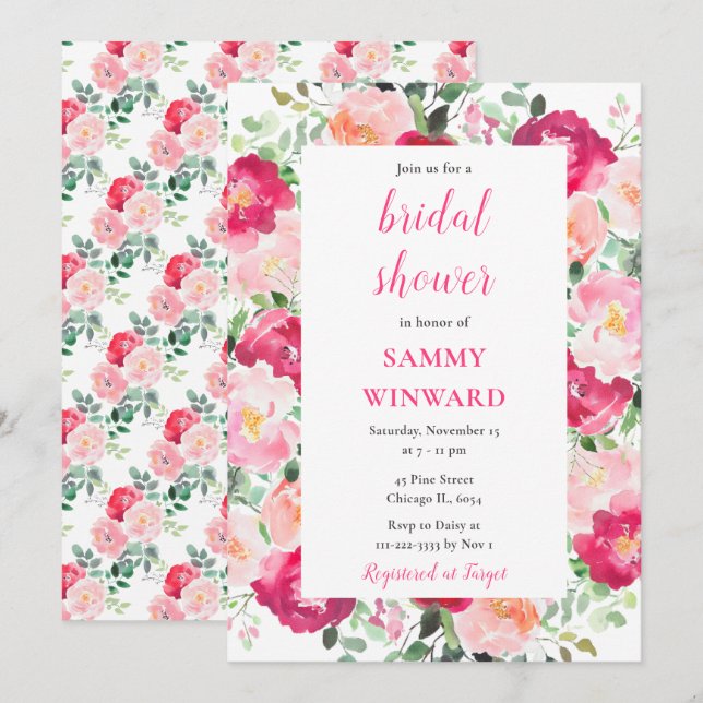 Romantic Pink Roses Flowers Bridal Shower Invitation (Front/Back)