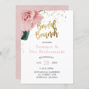 Romantic Pink Roses Gold Bridesmaids Luncheon Invitation