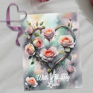 Romantic Pink Roses Heart with Elegant Script Postcard