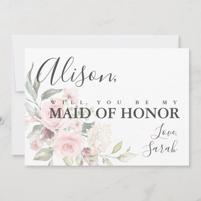 Romantic Pink Roses Maid of Honour Proposal Card (Front)