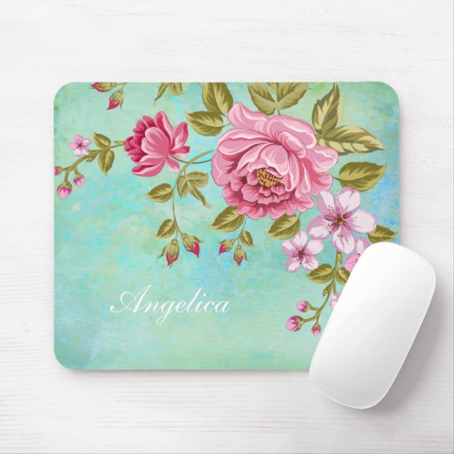 Romantic Pink Roses, Personalize your name Mouse Pad (With Mouse)