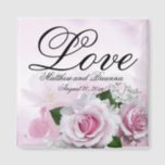 Romantic Pink Roses Personalized Keepsake Wedding Magnet<br><div class="desc">Beautiful pink roses and background create an elegant pink floral keepsake magnet. The word Love is written at the top in a large and formal script font. Your name and wedding date are below. Lovely wedding favour.</div>