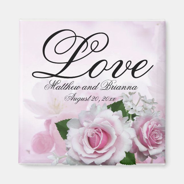 Romantic Pink Roses Personalized Keepsake Wedding Magnet (Front)
