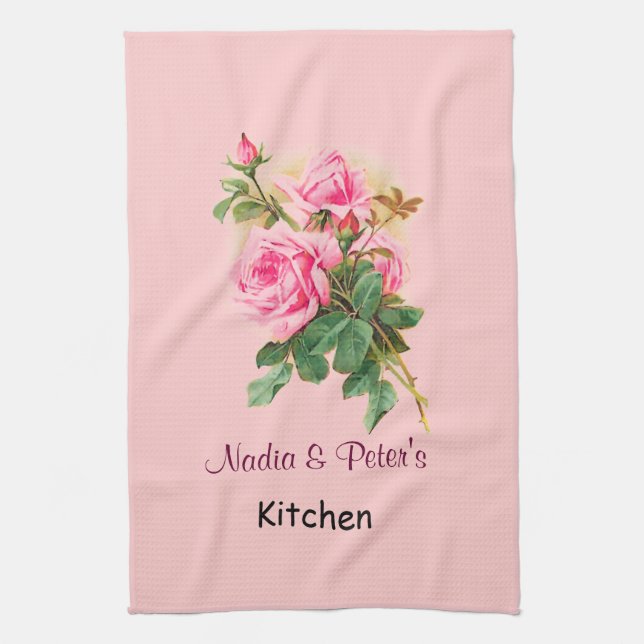 Romantic Pink Roses Personalized Kitchen Towel (Vertical)