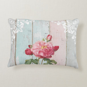 Romantic pink roses rustic background White lace Accent Pillow