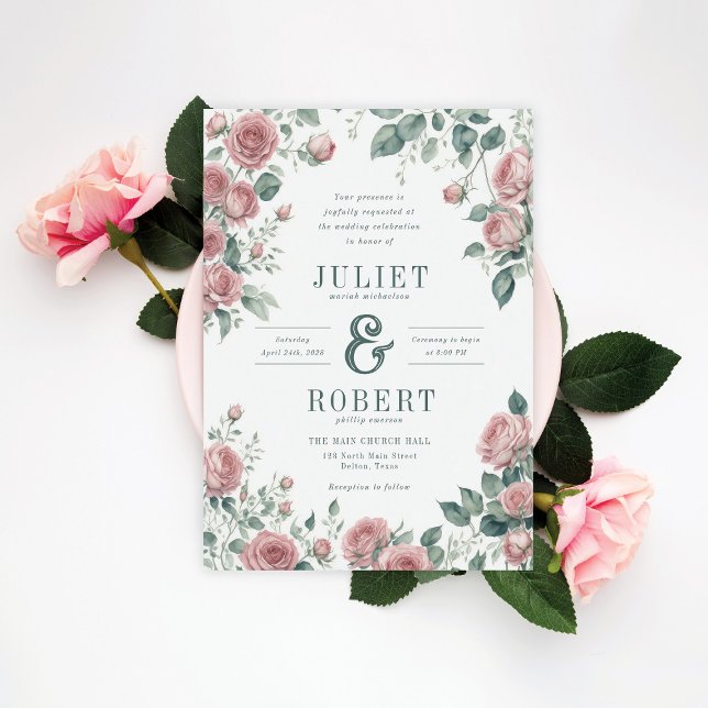 Romantic Pink Roses Sage Green Leaves Wedding Invitation (Creator Uploaded)