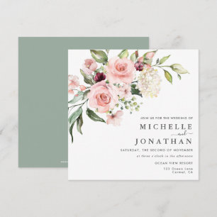 Romantic Pink Roses Sage Green Wedding  Invitation