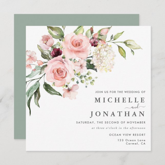 Romantic Pink Roses Sage Green Wedding  Invitation (Front/Back)