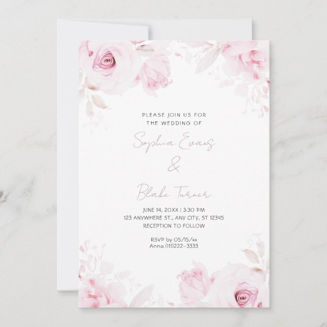 Romantic Pink Roses Summer White Wedding Invitation (Front)