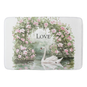 Romantic Pink Roses Swan Lake Floral Bridal Shower Bath Mat
