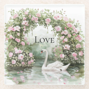 Romantic Pink Roses Swan Lake Floral   Glass Coaster