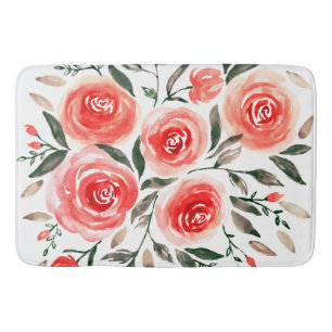 Romantic Pink Roses Watercolor Floral Bath Mat